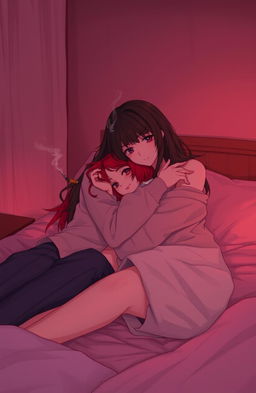 A cozy and intimate scene featuring two girls in a warm, dimly lit room