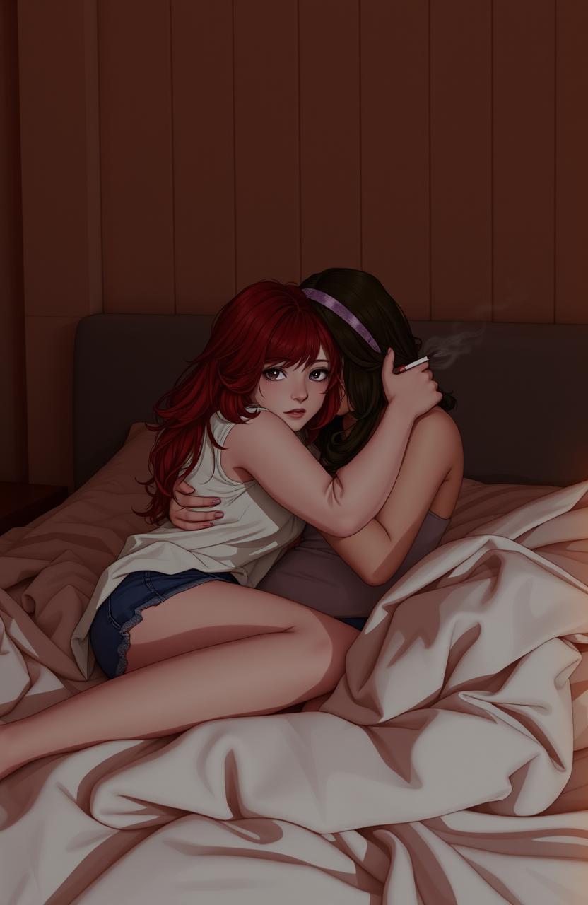 A cozy and intimate scene featuring two girls in a warm, dimly lit room