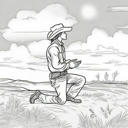 A devout cowboy kneeling down in prayer under the sprawling sky, created as an inspirational colouring book page.