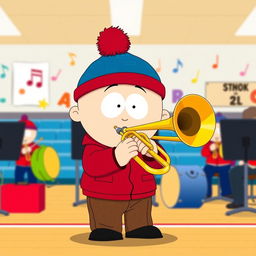 A cartoon-style illustration of Stan Marsh from South Park, energetically playing a trombone