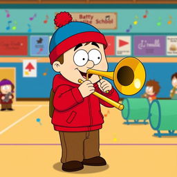 A cartoon-style illustration of Stan Marsh from South Park, energetically playing a trombone