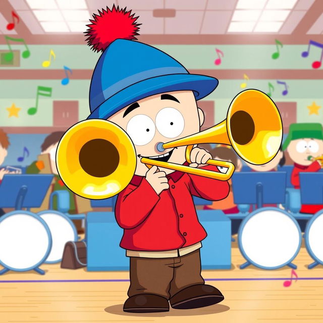 A cartoon-style illustration of Stan Marsh from South Park, energetically playing a trombone