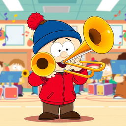 A cartoon-style illustration of Stan Marsh from South Park, energetically playing a trombone