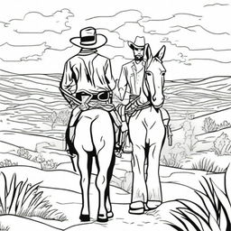 A cowboy strolling through the Wild West terrain with his donkey companion, presented as a vibrant colouring book page.