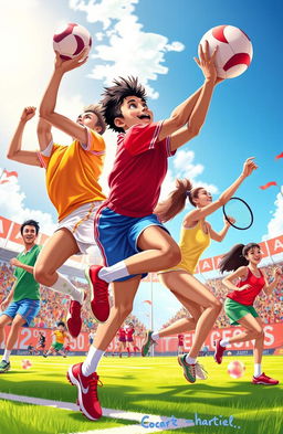 A vibrant and dynamic scene depicting a group of athletes engaged in various sports activities, showcasing different types of sports such as soccer, basketball, and tennis