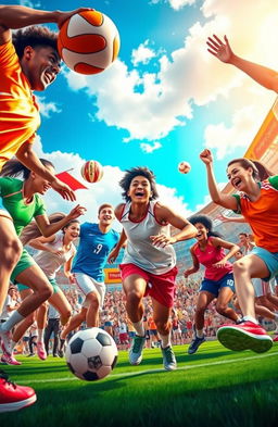 A vibrant and dynamic scene depicting a group of athletes engaged in various sports activities, showcasing different types of sports such as soccer, basketball, and tennis