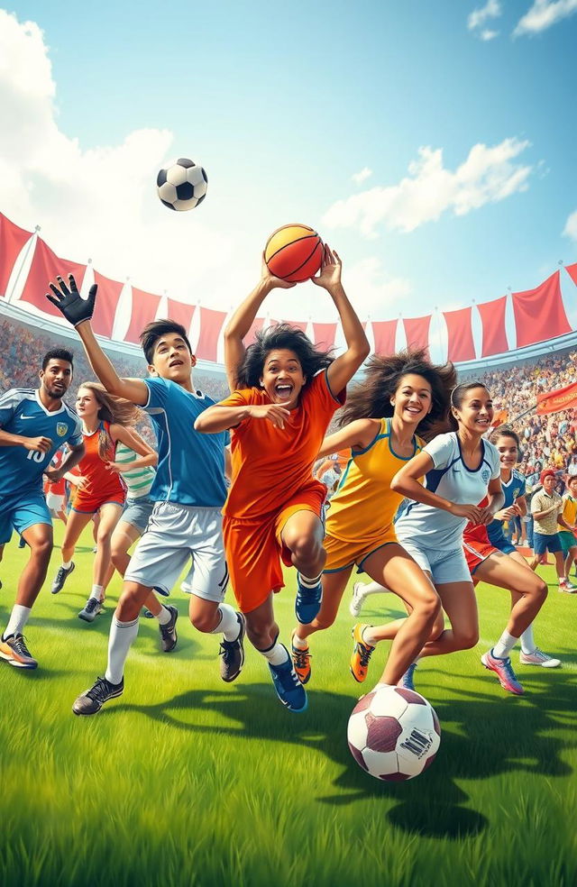 A vibrant and dynamic scene depicting a group of athletes engaged in various sports activities, showcasing different types of sports such as soccer, basketball, and tennis