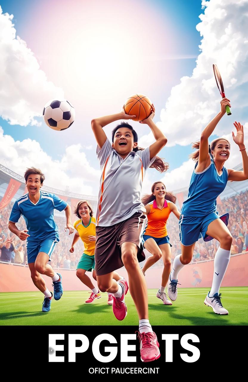 A vibrant and dynamic scene depicting a group of athletes engaged in various sports activities, showcasing different types of sports such as soccer, basketball, and tennis