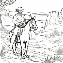 A cowboy strolling through the Wild West terrain with his donkey companion, presented as a vibrant colouring book page.