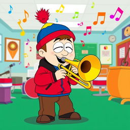 A cartoon-style illustration of Stan Marsh from South Park, joyfully playing a trombone