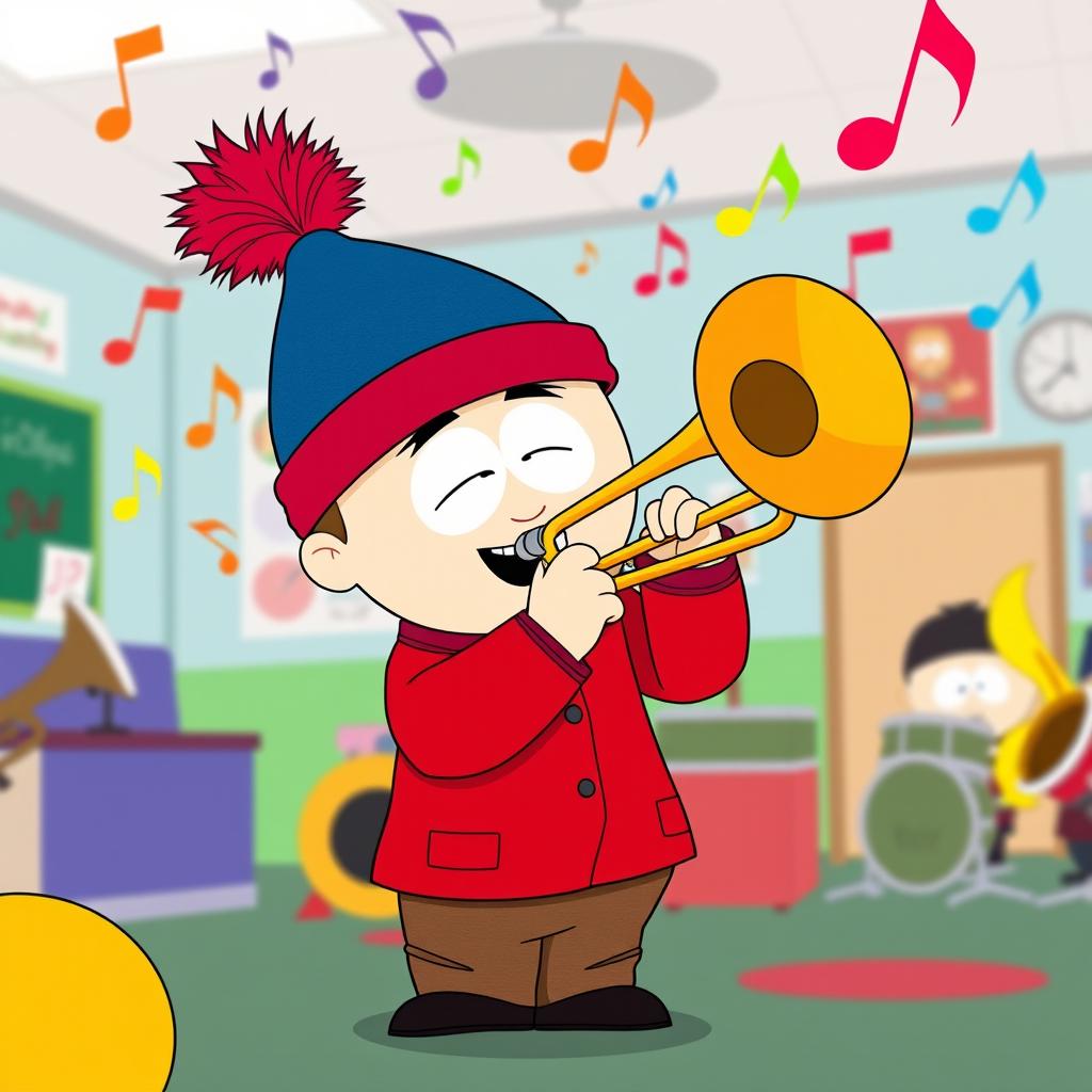 A cartoon-style illustration of Stan Marsh from South Park, joyfully playing a trombone