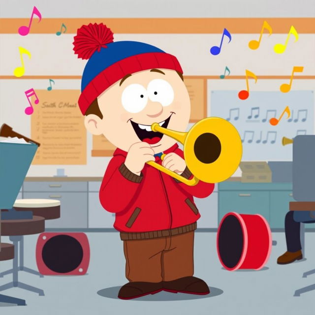 A cartoon-style illustration of Stan Marsh from South Park, joyfully playing a trombone