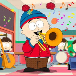 A cartoon-style illustration of Stan Marsh from South Park, joyfully playing a trombone