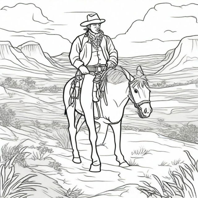 A cowboy strolling through the Wild West terrain with his donkey companion, presented as a vibrant colouring book page.