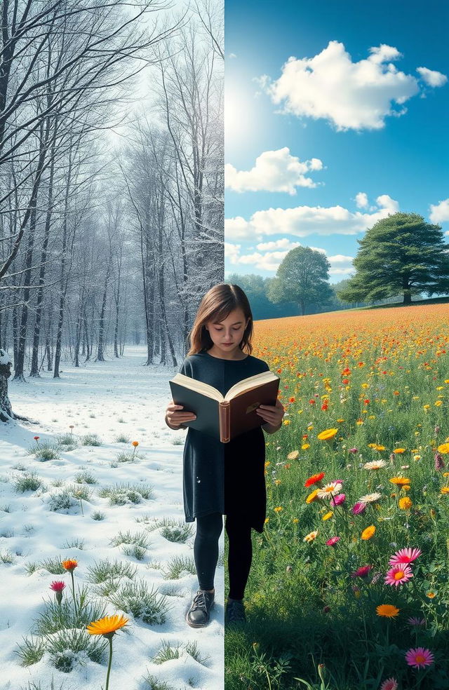 A surreal landscape blending winter and summer weather elements, where one side features a snowy forest with delicate snowflakes falling from the trees, while the other side showcases a vibrant summer meadow filled with colorful wildflowers under a bright blue sky