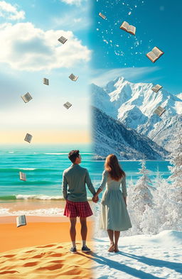 A stunning visual representation blending reality and fantasy, showcasing a landscape where winter and summer coexist harmoniously
