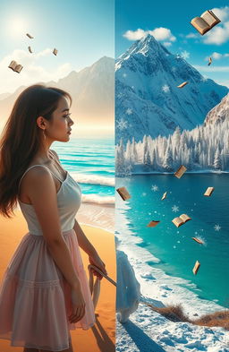 A stunning visual representation blending reality and fantasy, showcasing a landscape where winter and summer coexist harmoniously