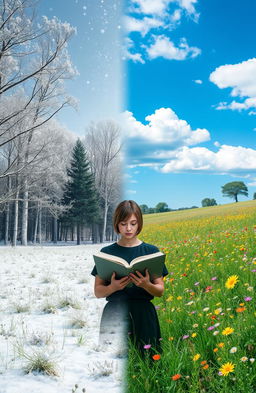 A surreal landscape blending winter and summer weather elements, where one side features a snowy forest with delicate snowflakes falling from the trees, while the other side showcases a vibrant summer meadow filled with colorful wildflowers under a bright blue sky