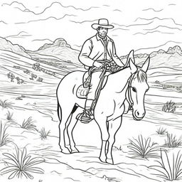 A cowboy strolling through the Wild West terrain with his donkey companion, presented as a vibrant colouring book page.