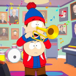 A cartoon-style illustration of Stan Marsh from South Park, enthusiastically playing a trombone in a vibrant music room