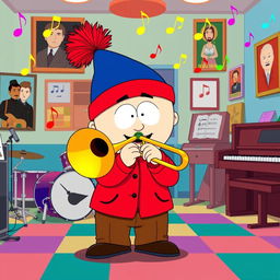 A cartoon-style illustration of Stan Marsh from South Park, enthusiastically playing a trombone in a vibrant music room