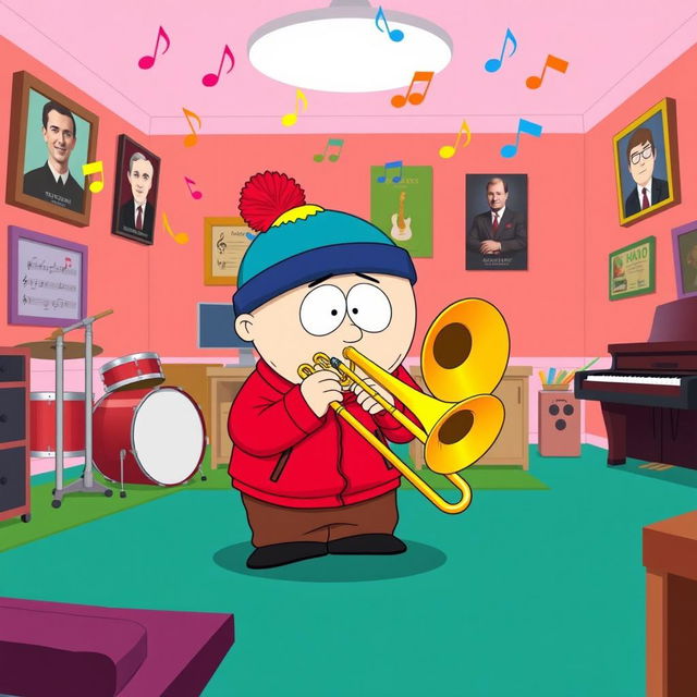 A cartoon-style illustration of Stan Marsh from South Park, enthusiastically playing a trombone in a vibrant music room