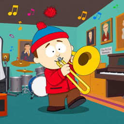 A cartoon-style illustration of Stan Marsh from South Park, enthusiastically playing a trombone in a vibrant music room