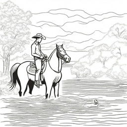 A cowboy and his trusty horse enjoying a refreshing swim in a western river, formatted as a dynamic colouring book page.