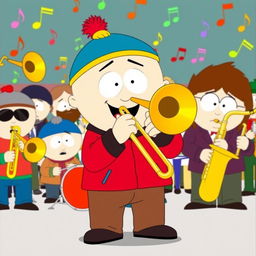 A cartoon-style illustration of Stan Marsh from South Park, proudly playing a trombone as part of a school band