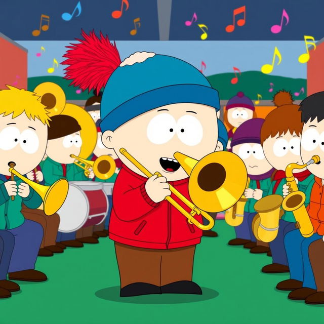 A cartoon-style illustration of Stan Marsh from South Park, proudly playing a trombone as part of a school band