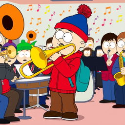 A cartoon-style illustration of Stan Marsh from South Park, proudly playing a trombone as part of a school band