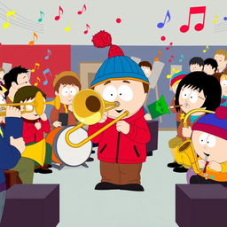 A cartoon-style illustration of Stan Marsh from South Park, proudly playing a trombone as part of a school band