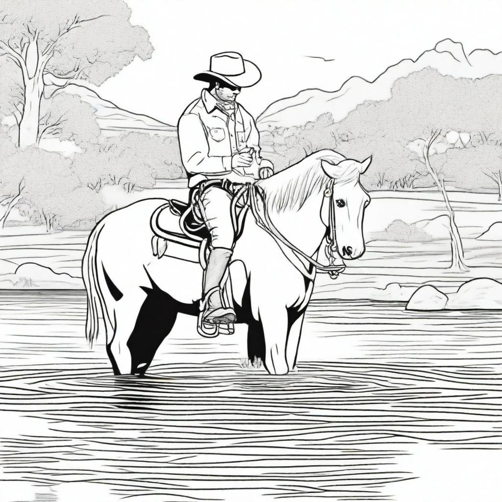 A cowboy and his trusty horse enjoying a refreshing swim in a western river, formatted as a dynamic colouring book page.