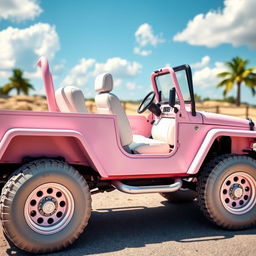 A pastel pink Jeep-style car, featuring luxurious white leather seats and striking white wall tires