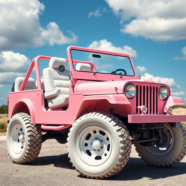 A pastel pink Jeep-style car, featuring luxurious white leather seats and striking white wall tires