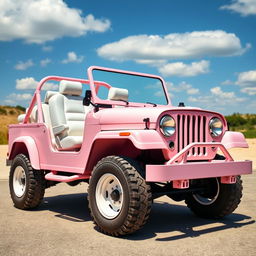 A pastel pink Jeep-style car, featuring luxurious white leather seats and striking white wall tires