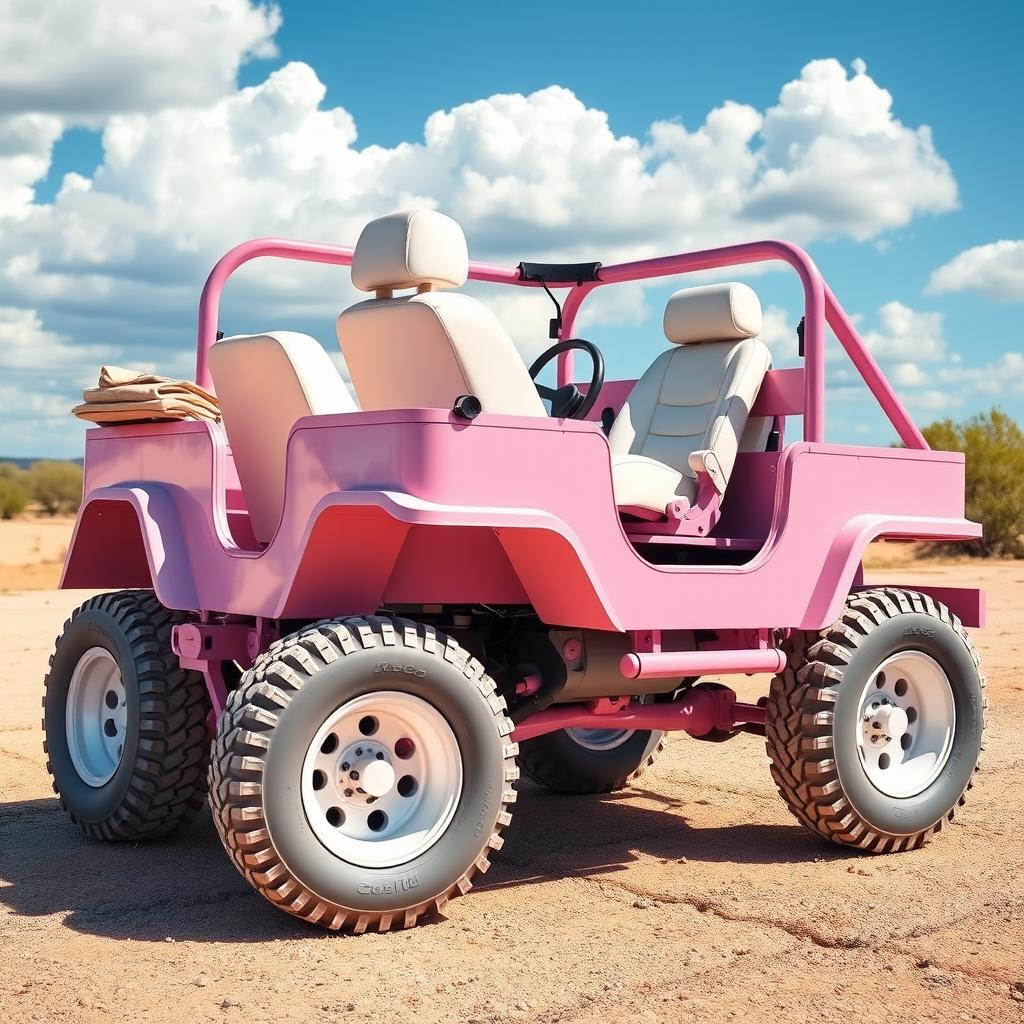 A pastel pink Jeep-style car, featuring luxurious white leather seats and striking white wall tires