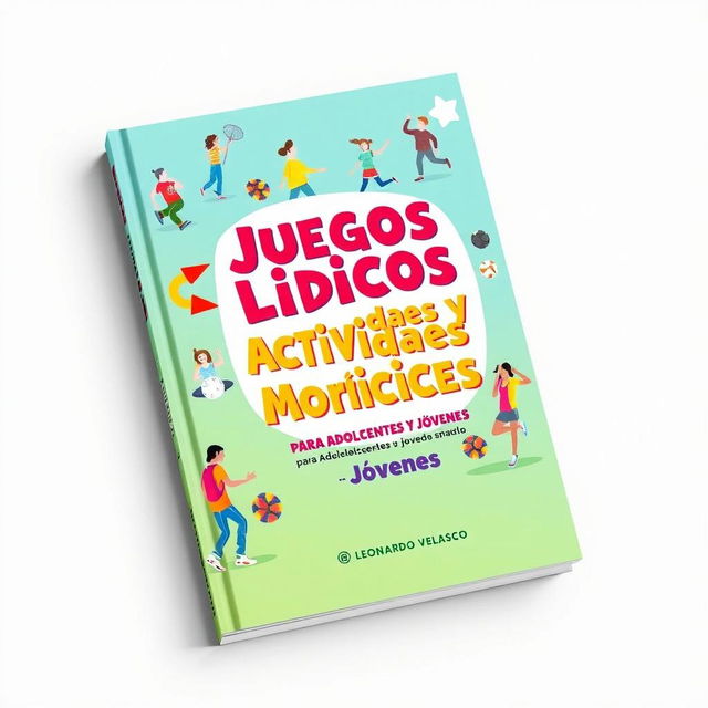 A visually striking book cover design for 'Juegos Lúdicos y Actividades Motrices para Adolescentes y Jóvenes', prominently displaying the title in bold, playful typography at the center