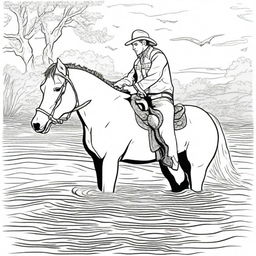 A cowboy and his trusty horse enjoying a refreshing swim in a western river, formatted as a dynamic colouring book page.