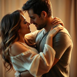 A passionate romantic scene between a woman and a man in a close embrace, showcasing their love and connection