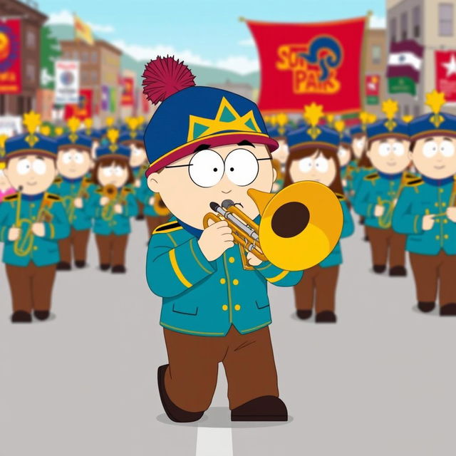 A cartoon-style illustration of Stan Marsh from South Park playing a trombone as part of a lively marching band