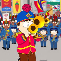 A cartoon-style illustration of Stan Marsh from South Park playing a trombone as part of a lively marching band