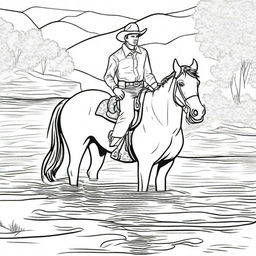 A cowboy and his trusty horse enjoying a refreshing swim in a western river, formatted as a dynamic colouring book page.