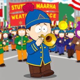 A cartoon-style illustration of Stan Marsh from South Park playing a trombone as part of a lively marching band