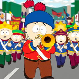 A cartoon-style illustration of Stan Marsh from South Park playing a trombone as part of a lively marching band