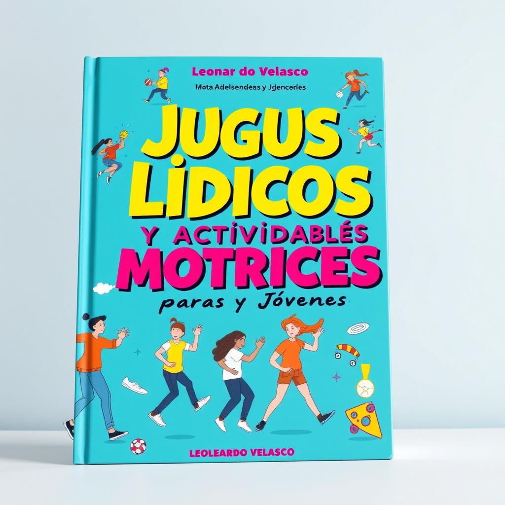 A captivating book cover design for 'Juegos Lúdicos y Actividades Motrices para Adolescentes y Jóvenes', with the title prominently displayed in bold, vibrant typography at the center in Spanish