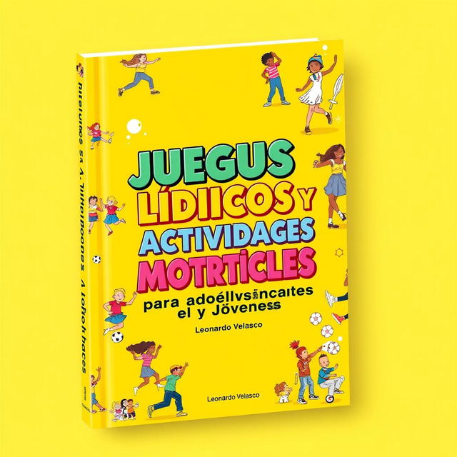 A captivating book cover design for 'Juegos Lúdicos y Actividades Motrices para Adolescentes y Jóvenes', with the title prominently displayed in bold, vibrant typography at the center in Spanish