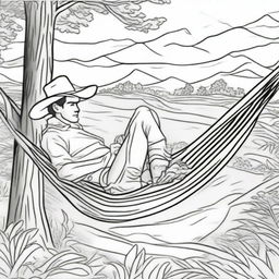 A cowboy lounging lazily in a hammock amidst the serene wilderness, designed as a enjoyable colouring book page.