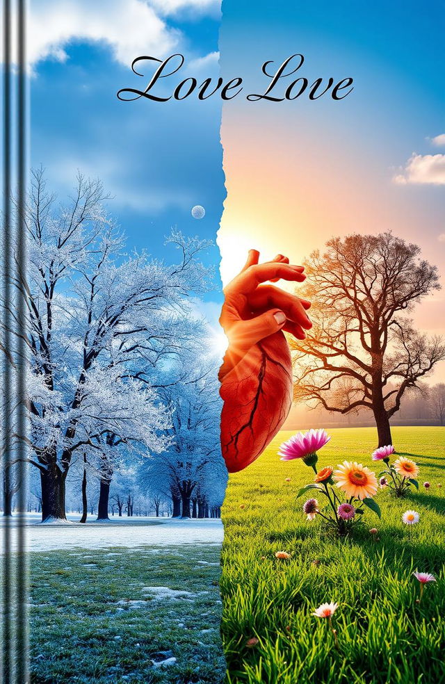 A surreal book cover that blends elements of winter and summer weather, showcasing a split landscape