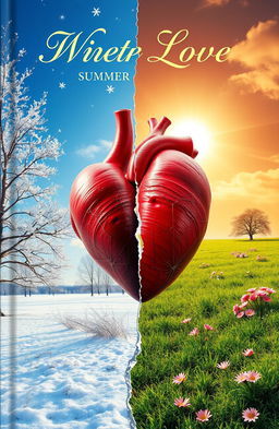 A surreal book cover that blends elements of winter and summer weather, showcasing a split landscape